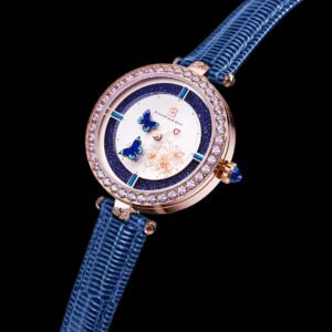 Butterfly Lovers 34mm Blue Dial Moving Butterfly Hands Leather Strap Watch