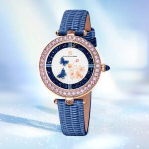 Butterfly Lovers 34mm Blue Dial Moving Butterfly Hands Leather Strap Watch