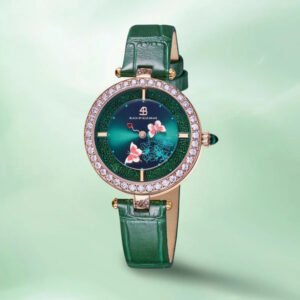 Butterfly Lovers 34mm Blue Dial Moving Butterfly Hands Leather Strap Watch