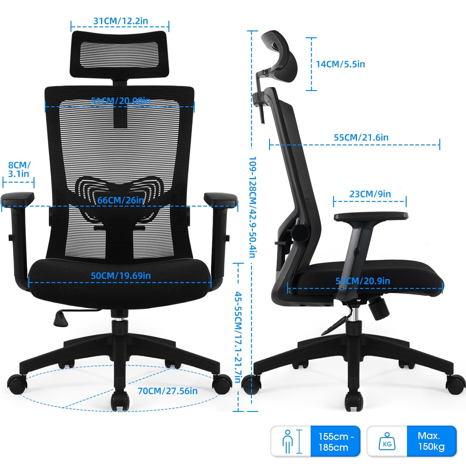 Daccormax Bürostuhl Ergonomisch, Schreibtischstuhl mit Verstellbarer Kopfstütze, Armlehnen, Lendenwirbelstütze, Drehstuhl Wippfunktion, Chefsessel aus Mesh,Rückenschonend, Bürostuhl 150kg - Image 3