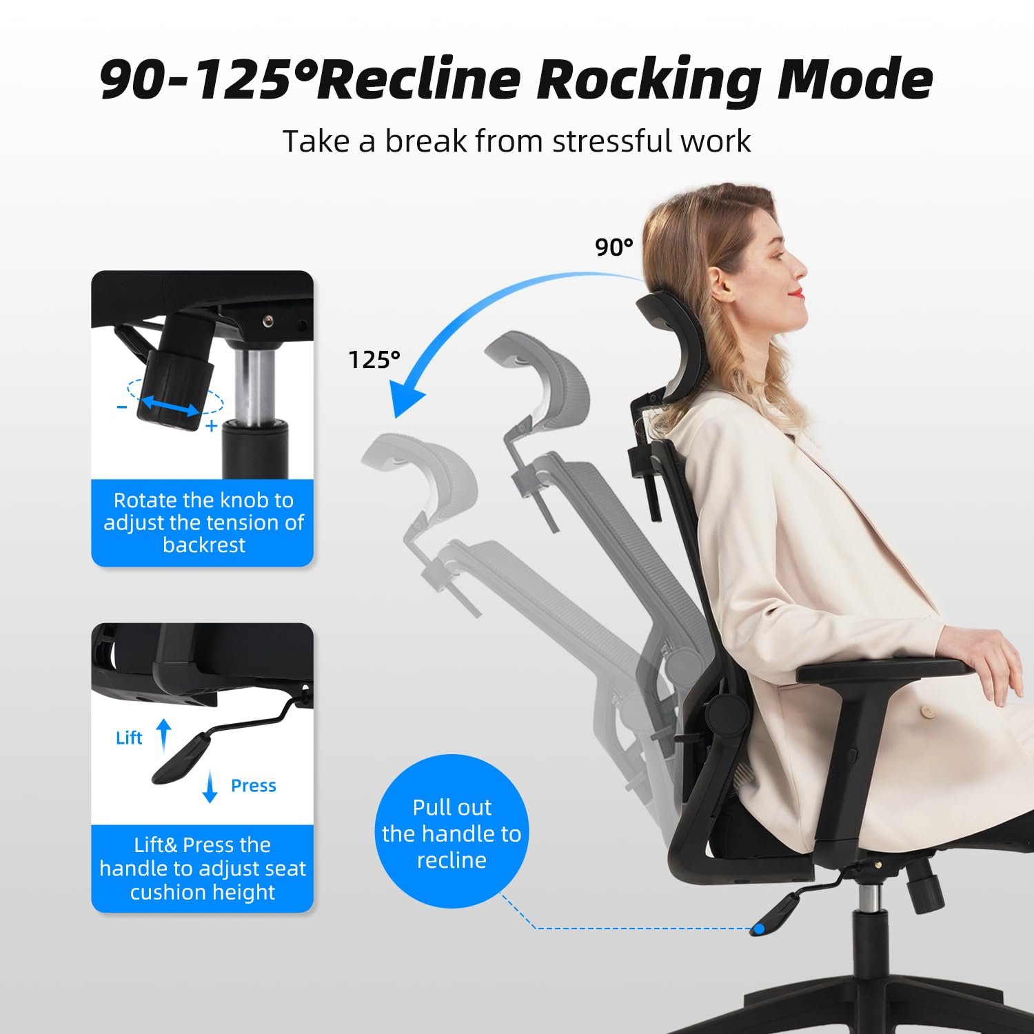 Daccormax Bürostuhl Ergonomisch, Schreibtischstuhl mit Verstellbarer Kopfstütze, Armlehnen, Lendenwirbelstütze, Drehstuhl Wippfunktion, Chefsessel aus Mesh,Rückenschonend, Bürostuhl 150kg - Image 5