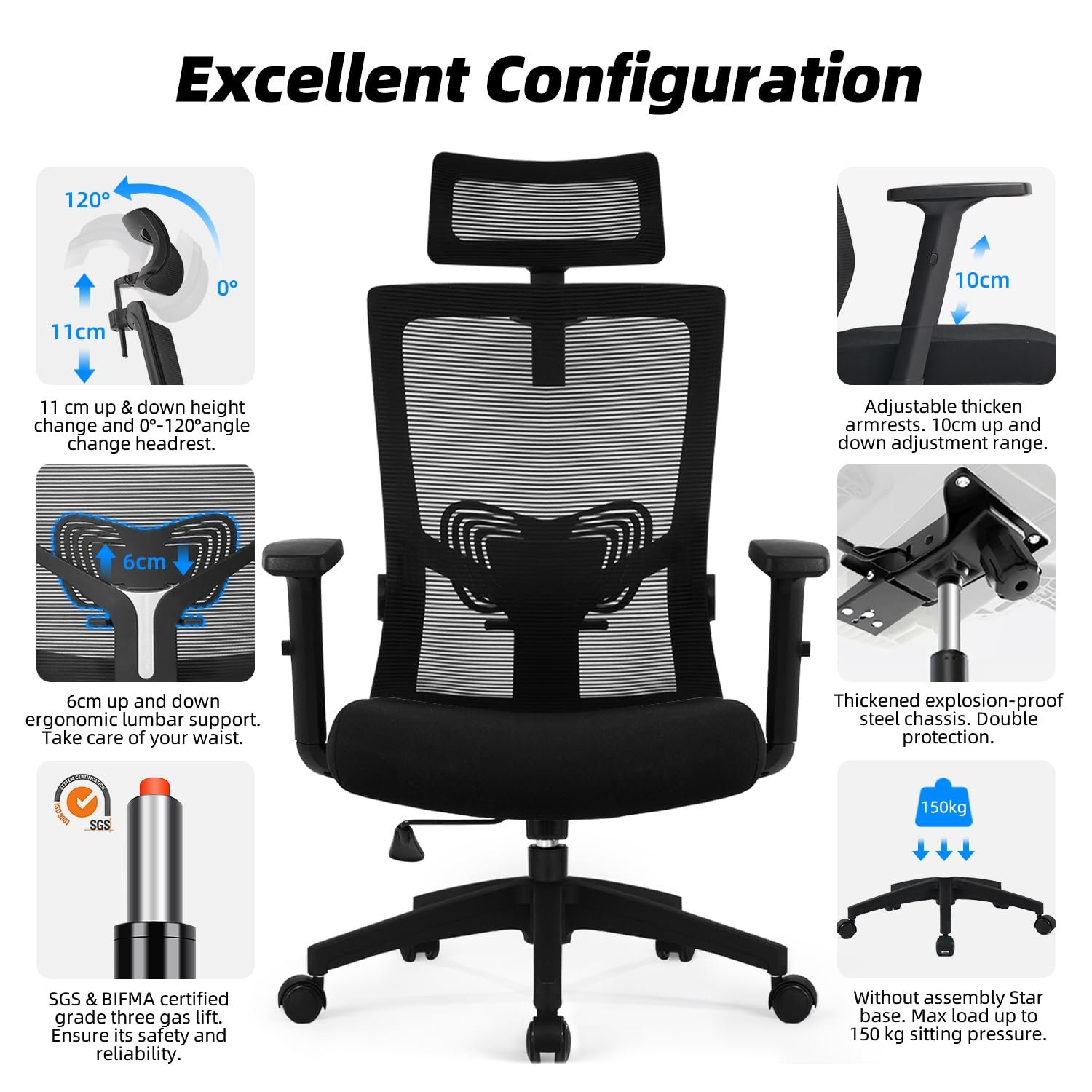 Daccormax Bürostuhl Ergonomisch, Schreibtischstuhl mit Verstellbarer Kopfstütze, Armlehnen, Lendenwirbelstütze, Drehstuhl Wippfunktion, Chefsessel aus Mesh,Rückenschonend, Bürostuhl 150kg - Image 6